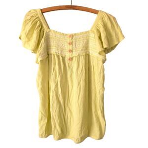 Maurices Flutter Sleeve Blouse in Green and Yellow with Ruffled Smocked Design